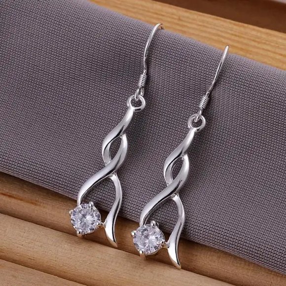 Very Cute Sterling Silver Small Twisted Drop Earrings CZ Stud " Hypoallergenic " - Picture 2 of 6